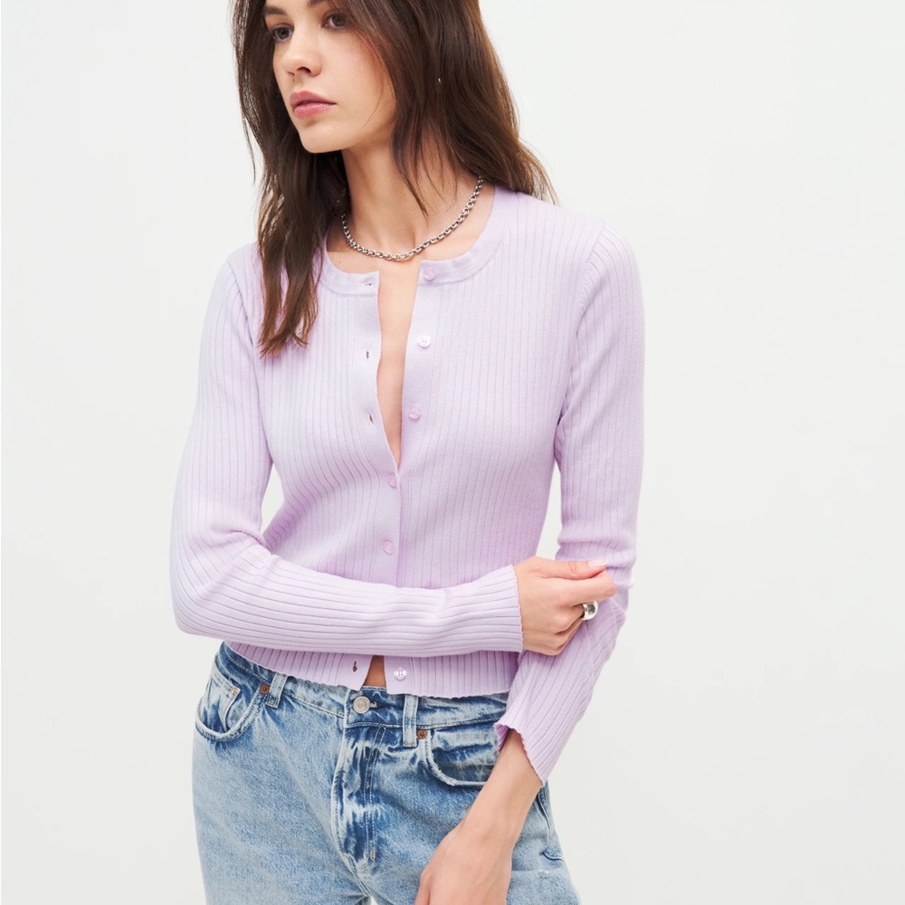 Reformation Joanne Cotton Ribbed Button Cardigan in Foxglove